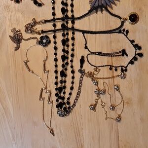 Bundle of 10 necklaces and 1 bracelet, most are gold tone, various lengths, EUC